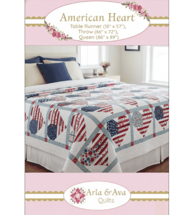 American Heart patriotic quilt pattern downloadable for table runner, throw, and queen sizes by Aria & Ava Quilts