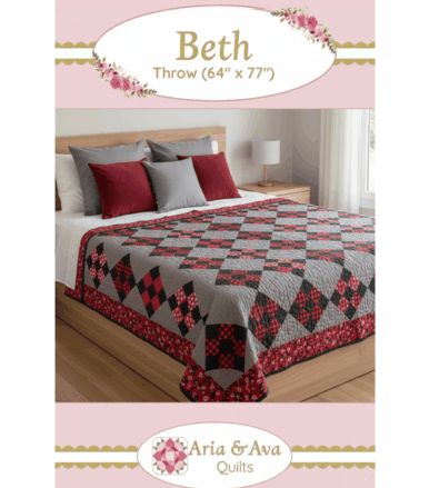 Beth Aria & Ava Quilts downloadable pattern for throw quilt with red and gray geometric design