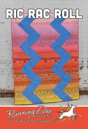 Ric Rac Roll quilt pattern card by Villa Rosa Designs with zigzag blue stripes on warm gradient background, 60x80 inches.