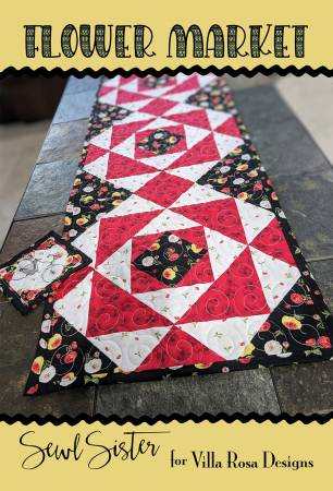 Flower Market Quilt Pattern table runner with red, white, and floral patchwork design by Shankari Paradee