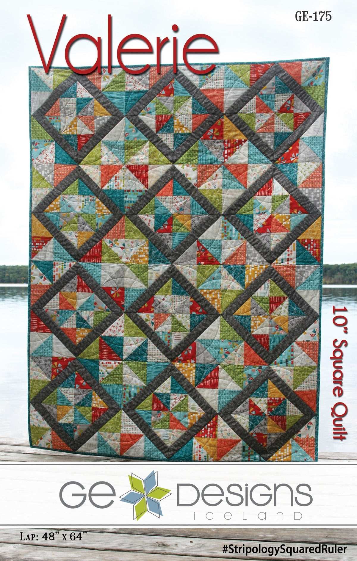 Valerie 10" Square Pattern quilt with assorted 10-inch squares and Stripology Squared ruler design options