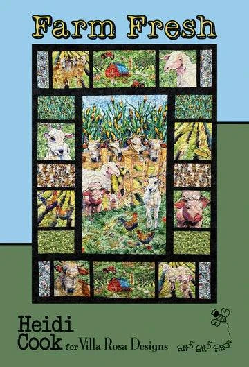 Villa Rosa Designs Farm Fresh quilt pattern featuring farm animals and crops in vibrant colors