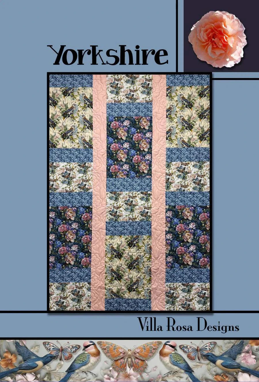 Villa Rosa Designs YORKSHIRE 45x64 floral quilt pattern with blue and pink fabric blocks