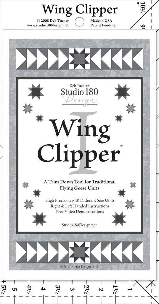 Studio 180 Wing Clipper ruler for trimming Flying Geese quilt units with precise seam placement, 5.5" x 10.5".
