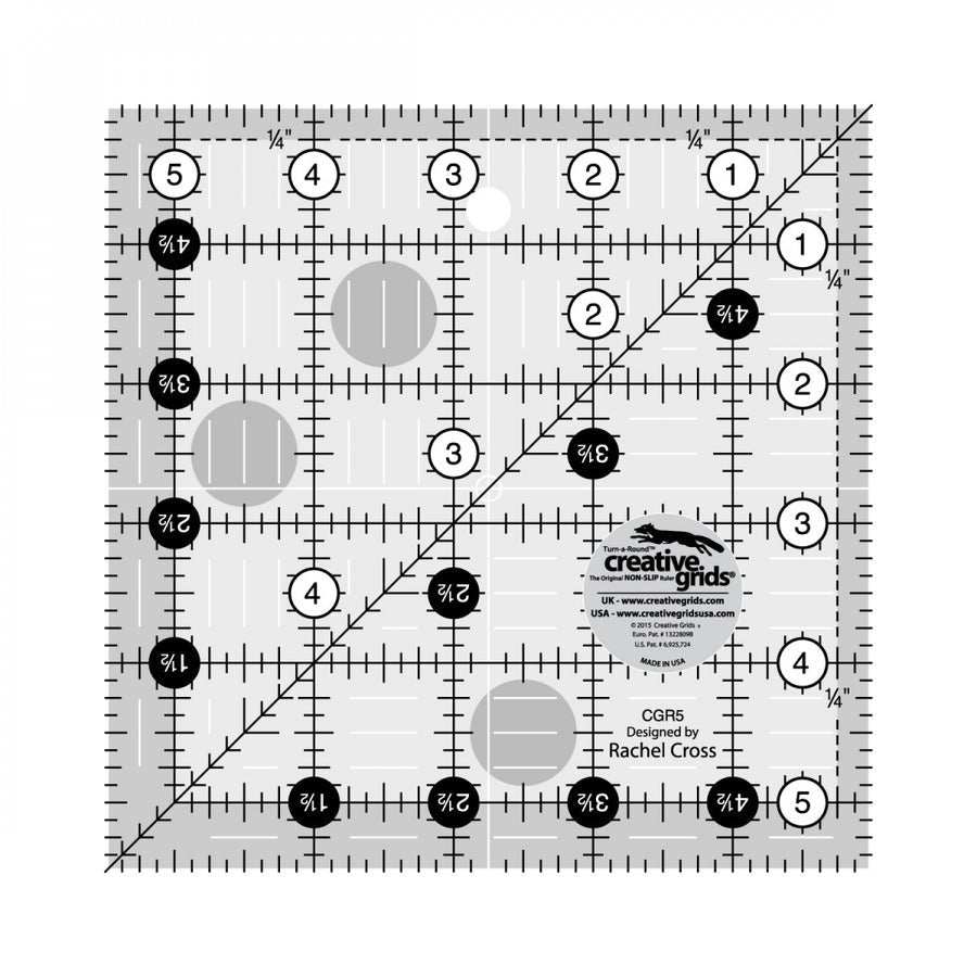 Creative Grids 5.5 inch quilting ruler with black and white grid markings and 45 degree angle guide