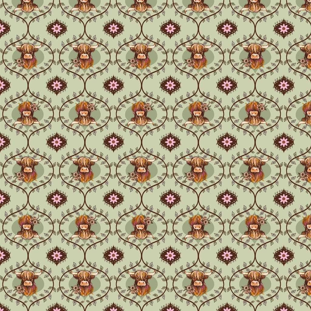 Coneflower Corral fabric with digital highland cows and floral geometric pattern in light olive by Teresa Magnuson