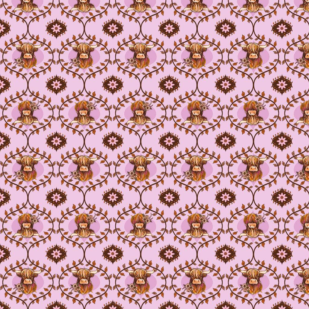 Coneflower Corral fabric featuring digital highland cows and floral geometric patterns in light eggplant color by Teresa Magnuson