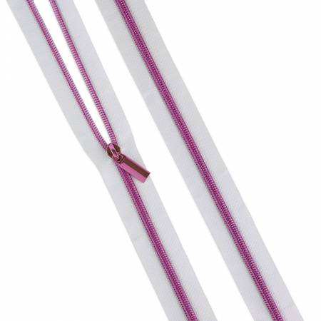 White #5 Nylon zipper coil with purple teeth and pull tabs by Tula Pink and Sallie Tomato, 3 yards with 9 pulls
