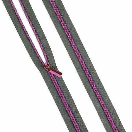 Grey #5 nylon zipper coil with purple teeth and 9 matching pulls by Tula Pink and Sallie Tomato, 3 yards length