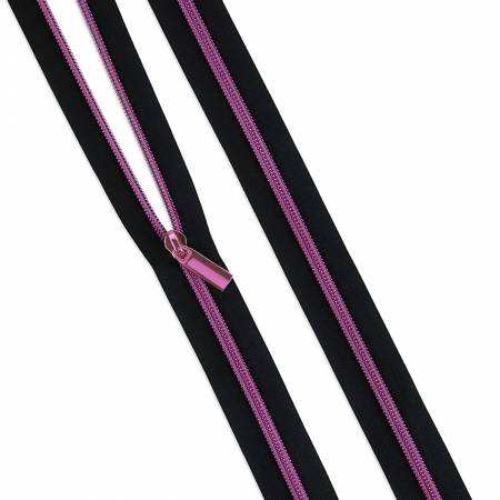 Black #5 Nylon zipper coil with purple teeth and pull, 3 yards with 9 matching pulls by Tula Pink and Sallie Tomato