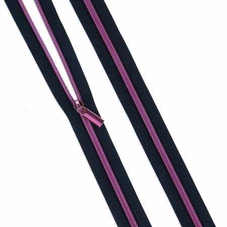 Navy #5 nylon zipper coil with purple teeth and pull tabs by Tula Pink and Sallie Tomato, 3 yards and 9 pulls