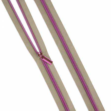 Beige #5 nylon zipper coil with purple teeth and pulls by Tula Pink and Sallie Tomato, 3 yards with 9 pulls