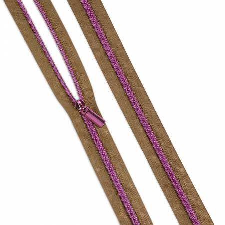 Natural #5 nylon zipper coil with brown tape and purple teeth and pulls by Tula Pink and Sallie Tomato, 3 yards and 9 pulls