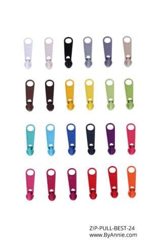 24 colorful zipper pulls in various shades arranged in four rows