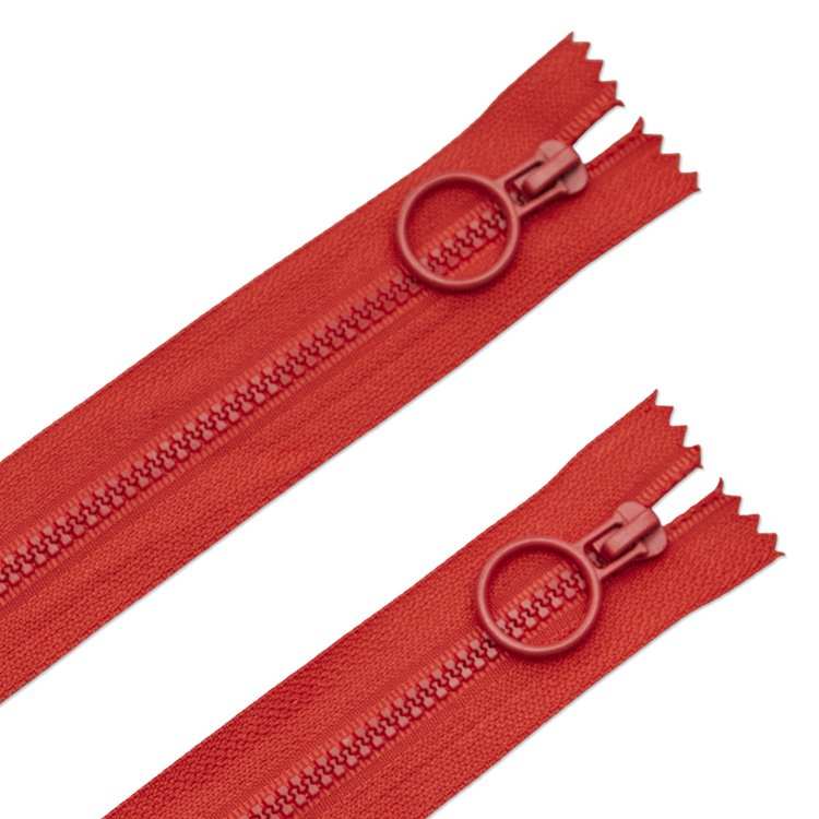Two 16" red hoop pull zippers for sewing projects and caddy designs