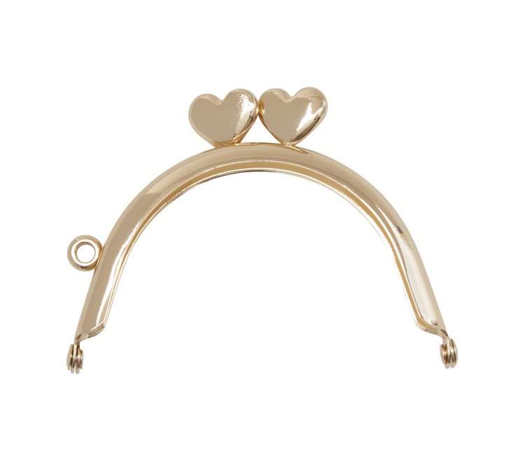 Rose gold round heart clasp purse frame with dual heart-shaped tabs for pouches.