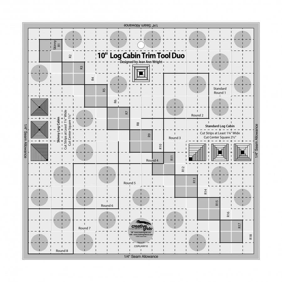 Creative Grids 10-inch Log Cabin Trim Tool Duo quilting ruler with exclusive markings for perfect log cabin blocks up to 10 inches.
