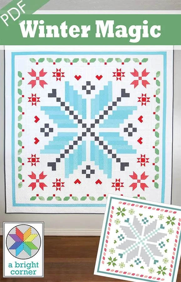 Winter Magic Quilt Pattern by A Bright Corner featuring a medallion-style patchwork design in blue, red, and green colors