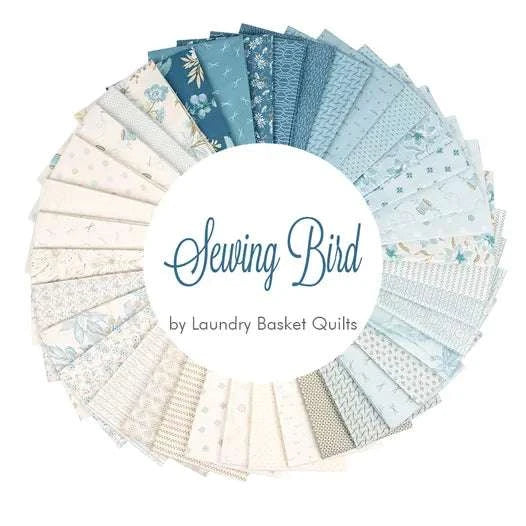 38-piece Sewing Bird Fat Quarter Bundle by Edyta Sitar featuring soft blues, neutrals, floral, birds, and sewing motifs