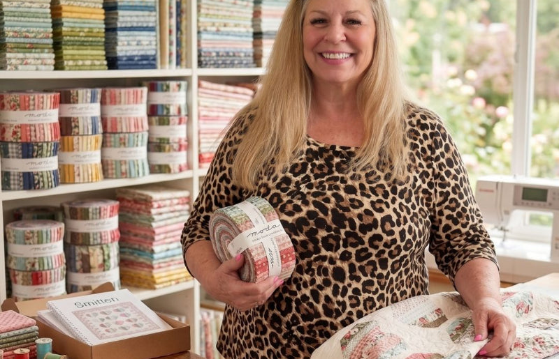 A smiling woman stands in a quilted room holding a roll of patterned quilting fabric and draped fabric with a patchwork heart design. Shelves behind her are filled with folded and rolled quilts and fabrics, and a window with outdoor greenery is visible on the right.