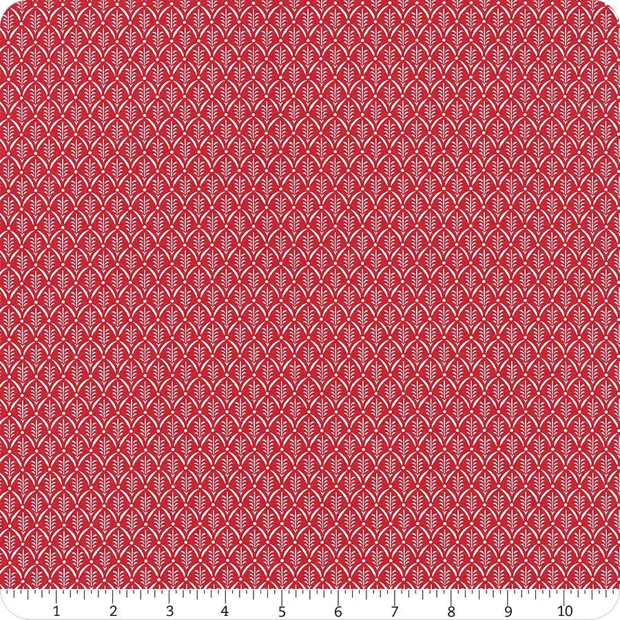 Buon Natale red cotton fabric with white evergreen blender pattern by Joanna Figueroa, Moda Fabrics