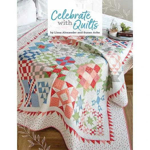 Celebrate with Quilts book featuring colorful scrappy sampler block quilt on bed
