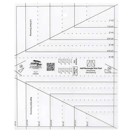 Creative Grids Half Rectangle Trim Tool ruler with non-slip grip and step-by-step markings for quilting and fabric cutting