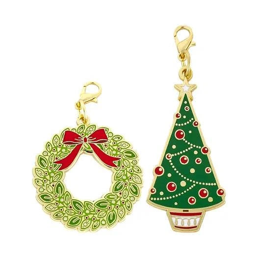 Set of two gold plated Tree & Wreath Sew Cute Zipper Charms by Cathe Holden for Moda