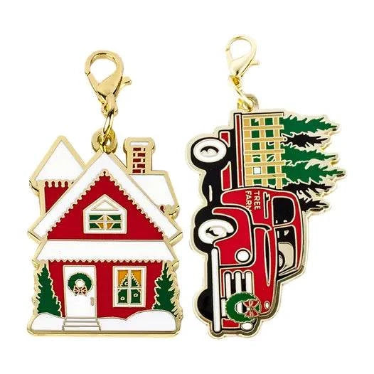 Set of two gold plated tree and wreath zipper charms with house and truck designs by Cathe Holden for Moda Fabrics
