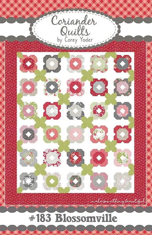 Blossomville Quilt Pattern by Corey Yoder featuring floral block design in red, green, and gray colors with 72x84 inch finished size