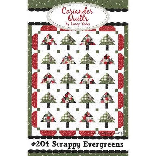 Scrappy Evergreen Quilt Pattern by Corey Yoder with patchwork evergreen trees and red borders in 66 by 80 inches size