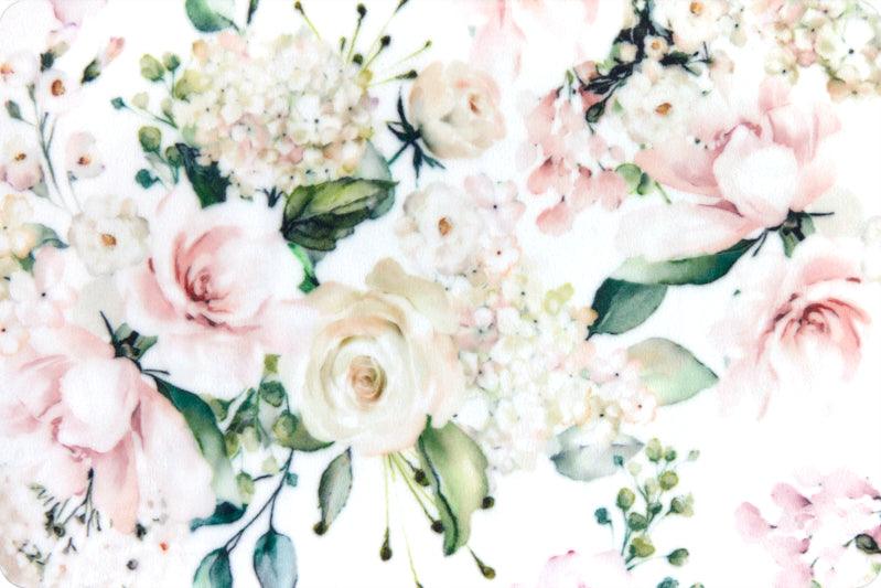 Something Pink Digital Cuddle fabric with vintage floral bouquet design in pastel pinks, blues, teals, and creams