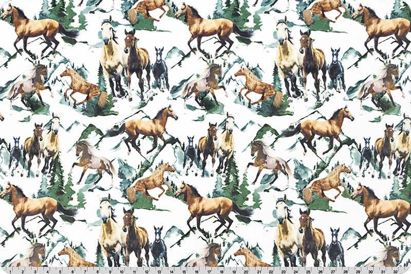 Shannon Fabric wild horse print digital cuddle minky plush with watercolor mountains and trees
