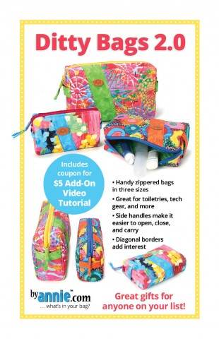 Colorful Ditty Bag 2.0 Pattern with handy zippered bags in three sizes, side handles, and diagonal borders, ideal for gifts and easy to carry.