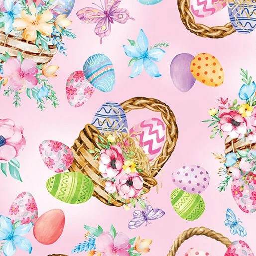 Cottontail Farms pink Easter basket fabric with colorful eggs, flowers, and butterflies design