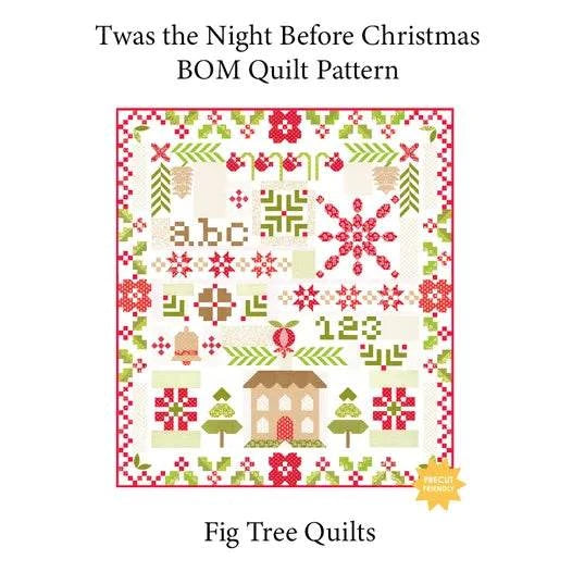 Twas the Night Before BOM Christmas quilt pattern by Fig Tree Quilts with festive red, green, and beige designs