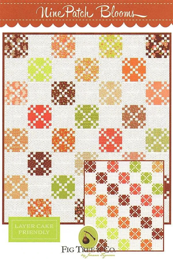 Nine Patch Blooms Quilt Pattern with colorful nine-patch blocks on cream background by Fig Tree & Co