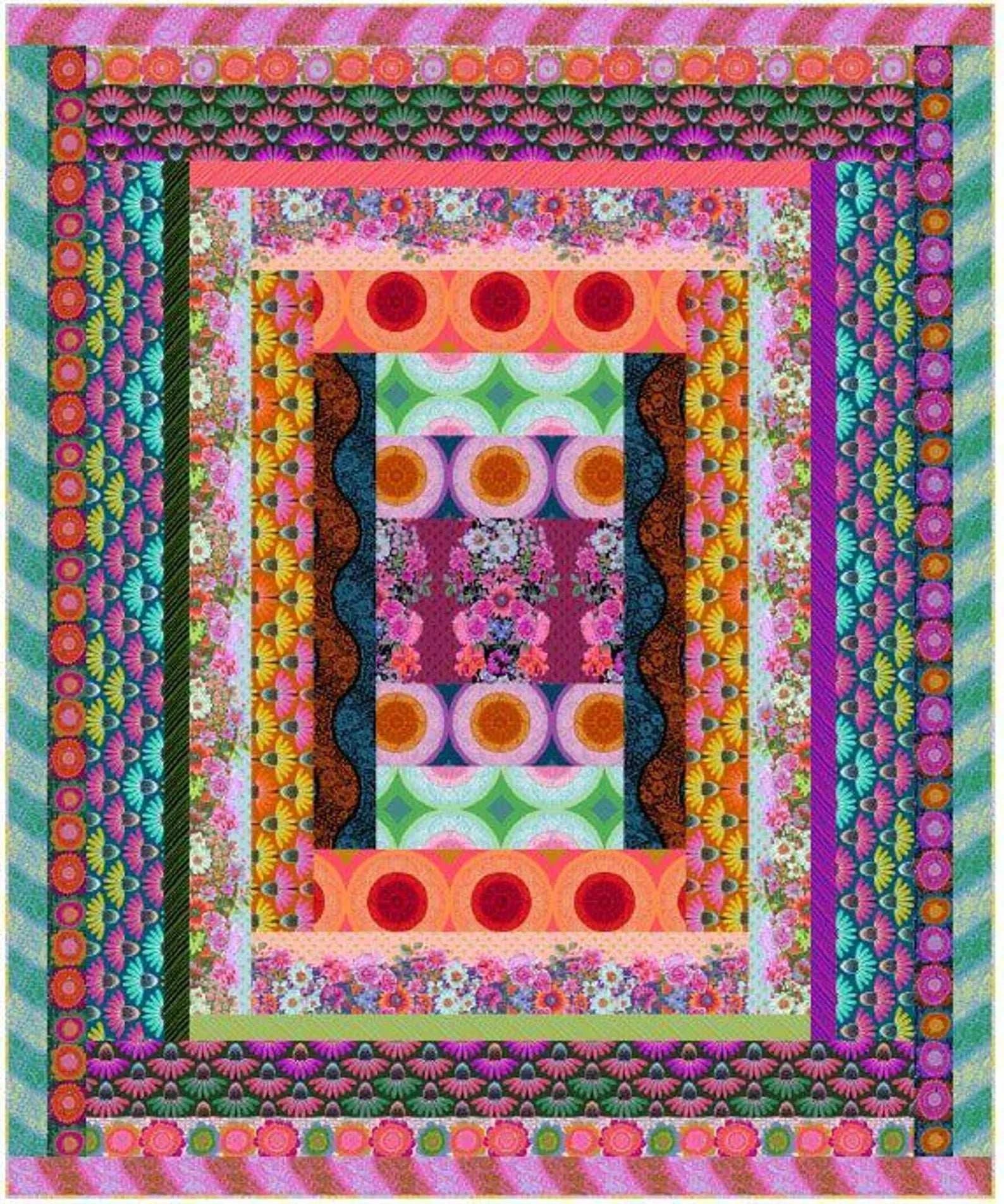 Perennial Borders Quilt Kit colorful floral patchwork quilt 76x92 inches by Anna Maria Textiles