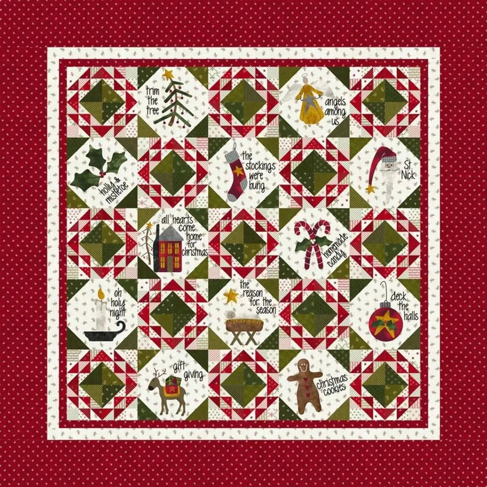 Home for the Holidays Quilt Kit featuring Joyful Gatherings II fabric by Primitive Gatherings, 64x64 inch quilt top and binding kit