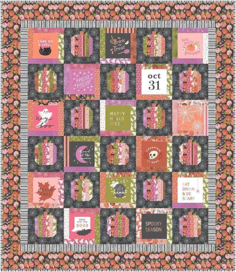 Layer Cake Pumpkins quilt featuring Hey Boo! fabric by Lella Boutique, complete 64x74 inch kit by Lavender & Lime Designs