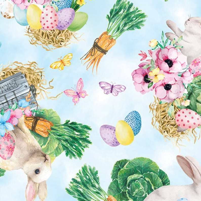 Cottontail Farms spring fabric with Easter bunnies, colorful eggs, carrots, flowers, and butterflies on blue background