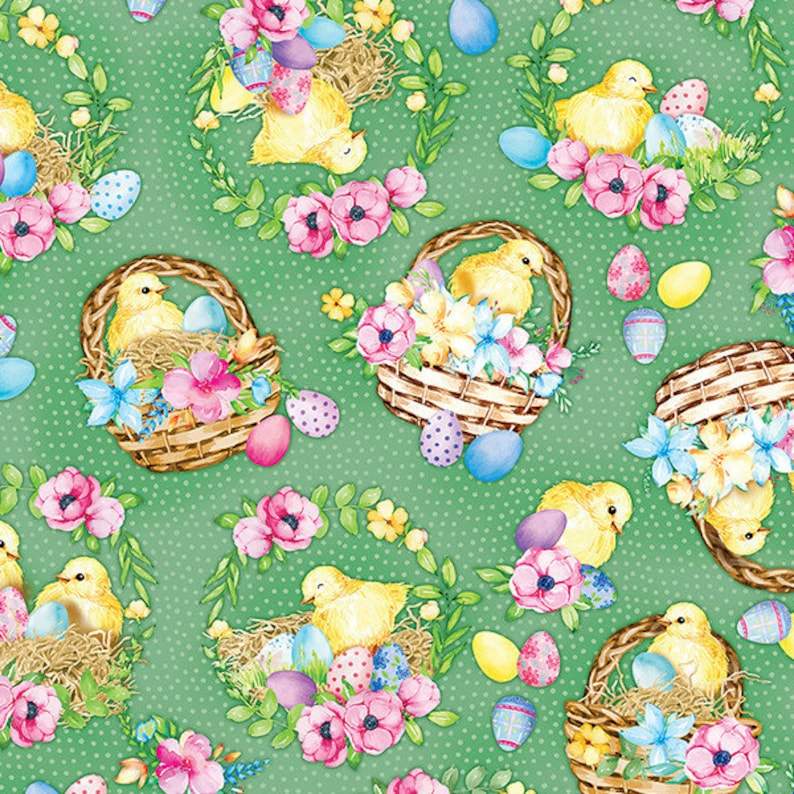 Cottontail Farms Easter fabric with baby chicks, colorful eggs, and spring flowers on green background