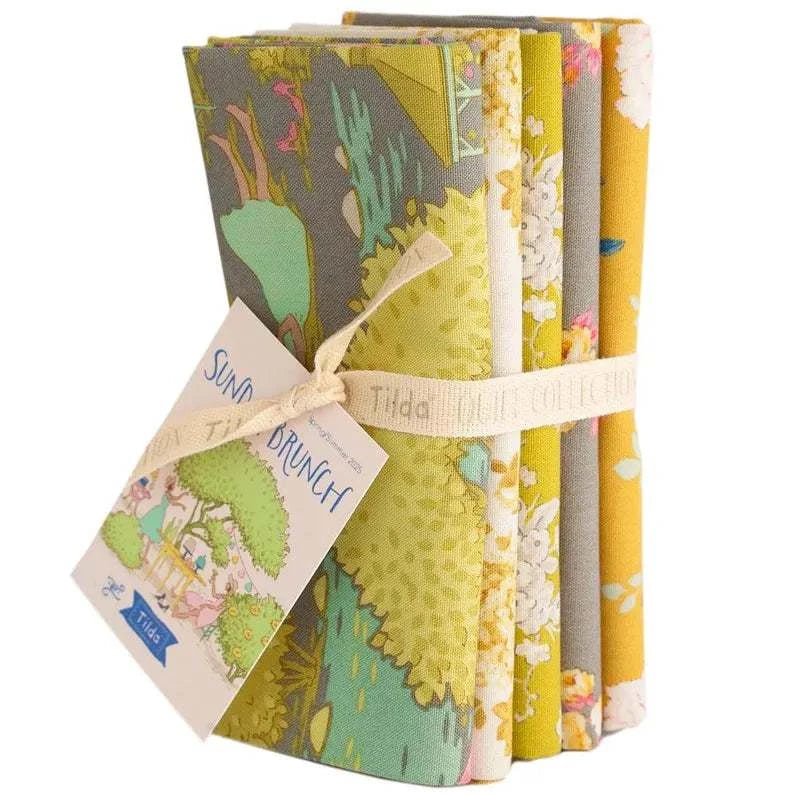 Sunday Brunch grey and yellow fat quarter fabric bundle from TILDA with floral and nature-inspired patterns