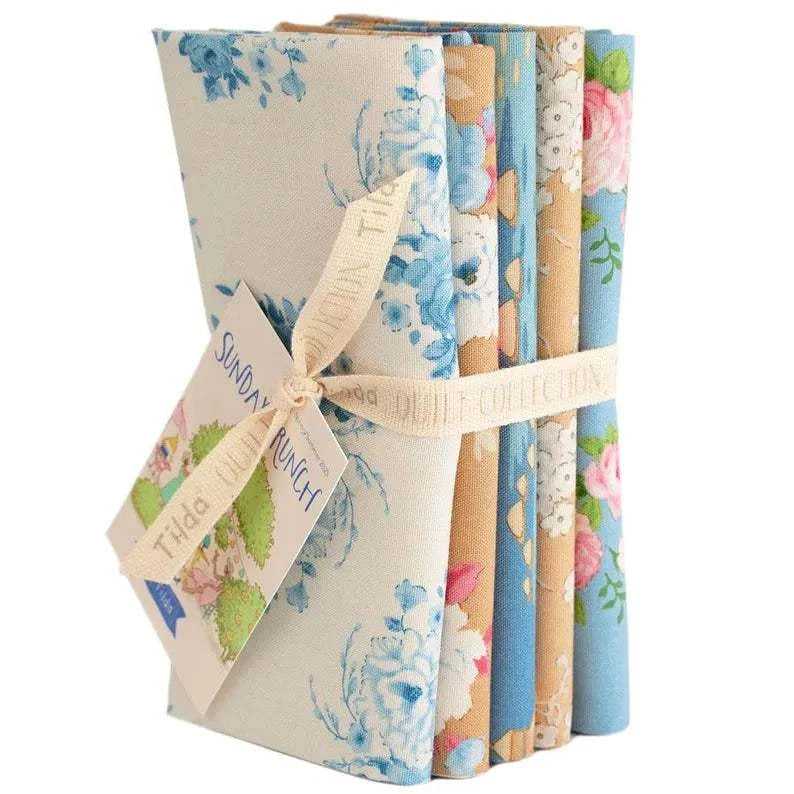 Bundle of 5 Sunday Brunch Blue/Sand fat quarters by TILDA with floral patterns