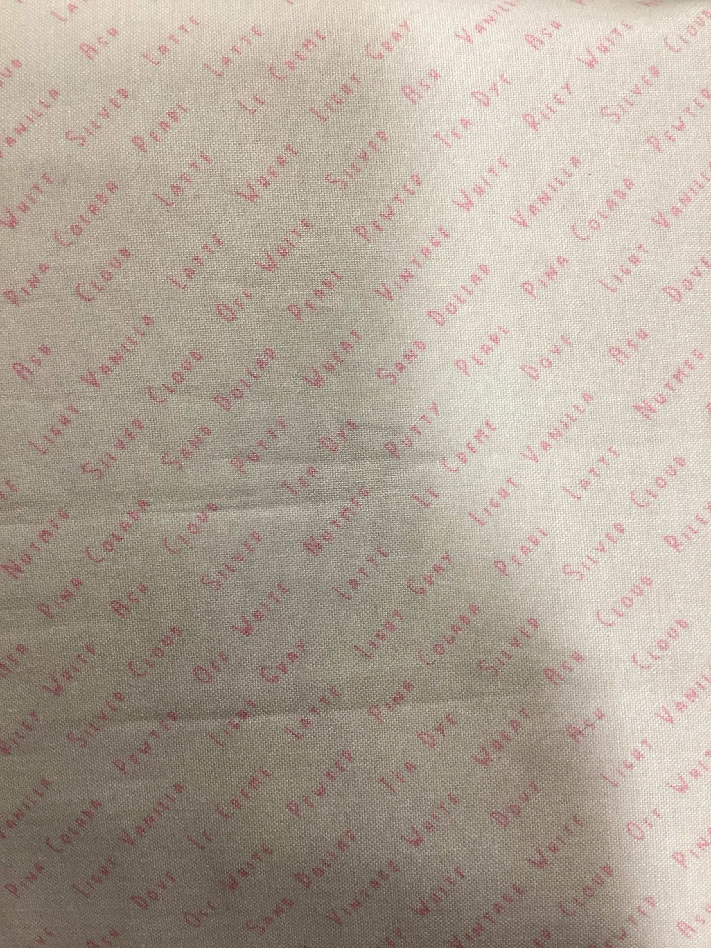 3 1/4 Yard Backing continuous quilt fabric with light beige background and pink text pattern