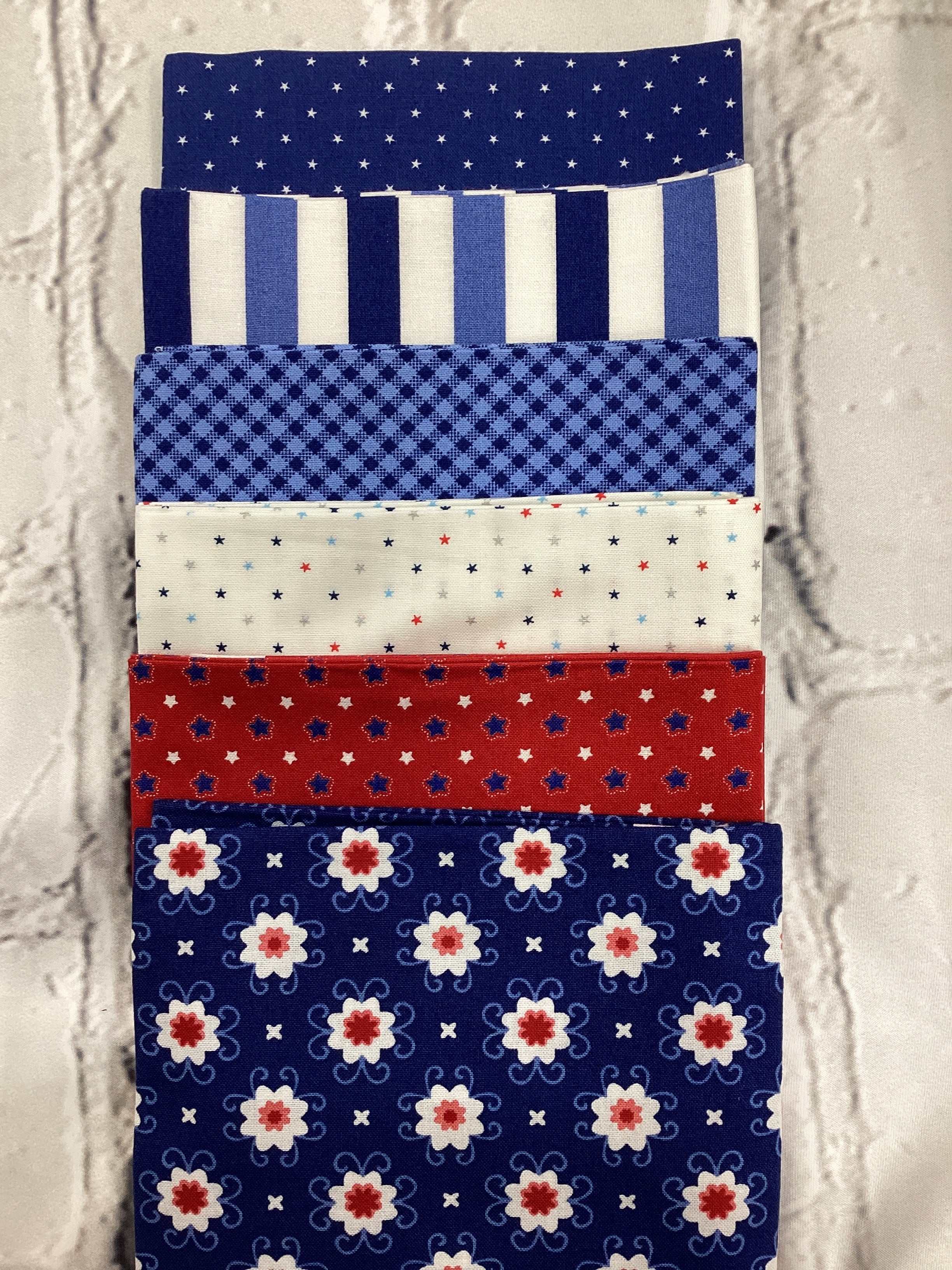 M50 Starry Night Bundle fabric selection with star, stripe, check, and floral patterns in red, white, and blue colors