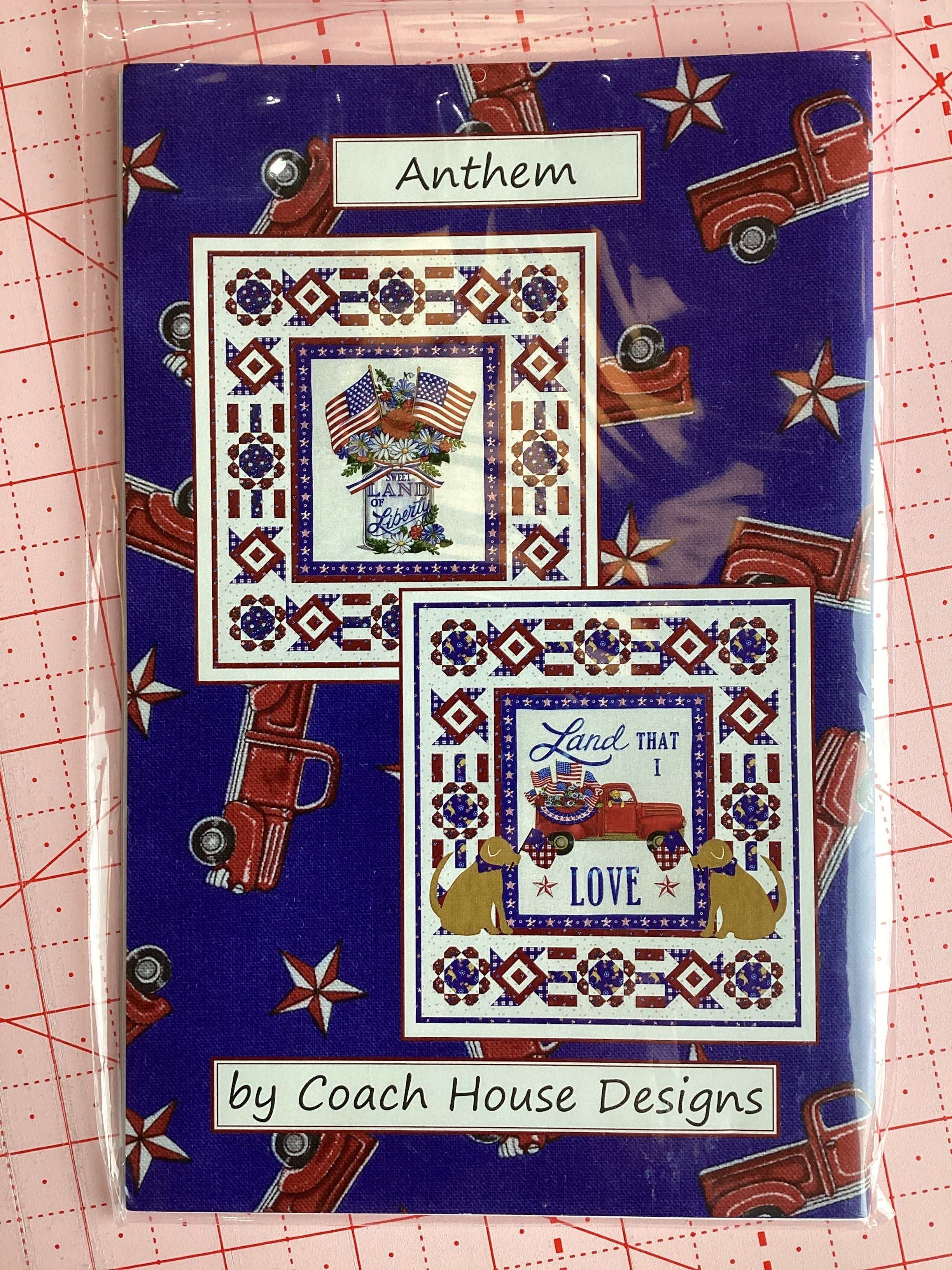 Pattern B1-Anthem patriotic quilt pattern with red trucks and stars by Coach House Designs