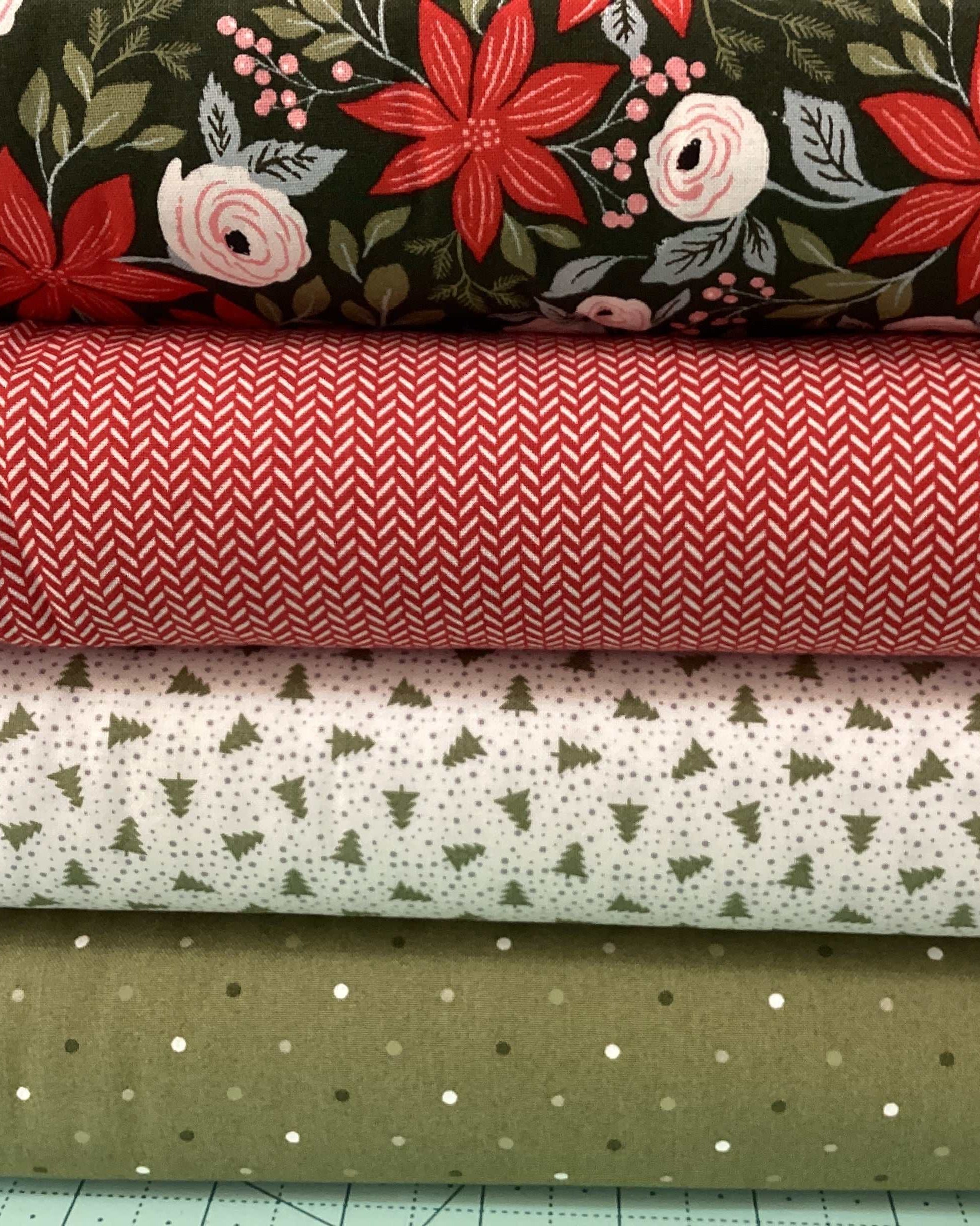 4 Yard Quilt Bundle with floral, red herringbone, tree, and polka dot fabric patterns for quilting and binding