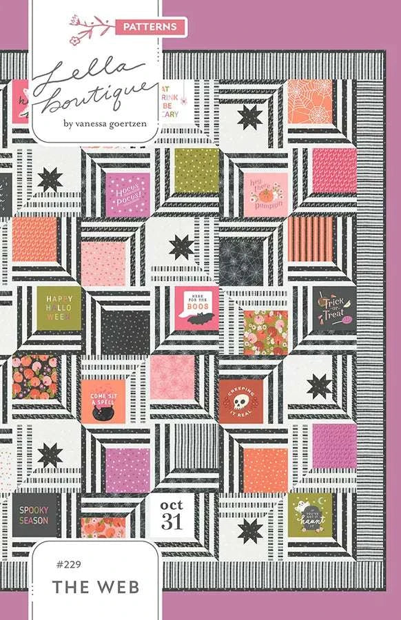 Web Quilt Pattern by Lella Boutique featuring Halloween-themed fabric blocks with black and white striped borders