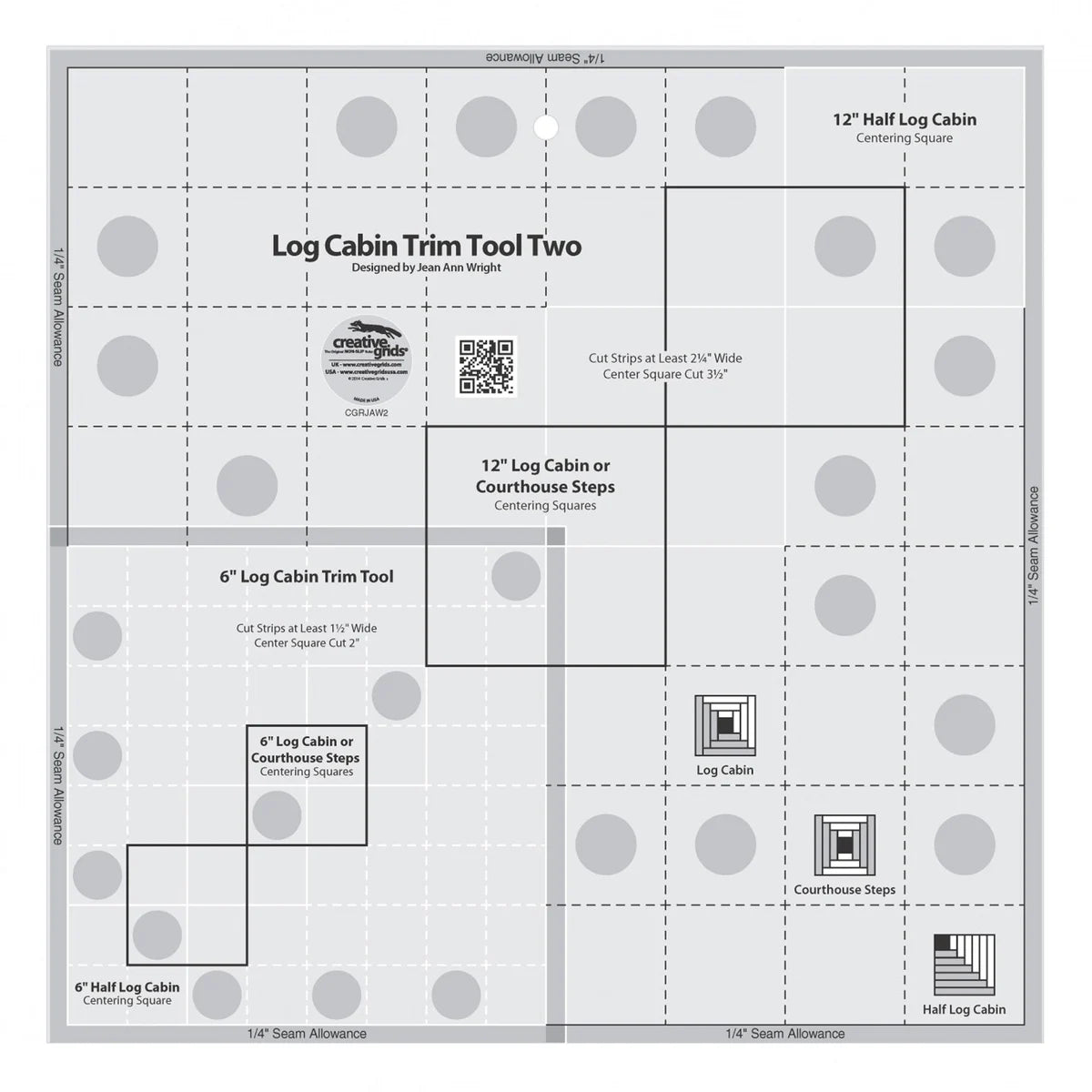 Creative Grids Log Cabin Trim Tool Two template for precise quilting blocks 12.5x12.5 inches